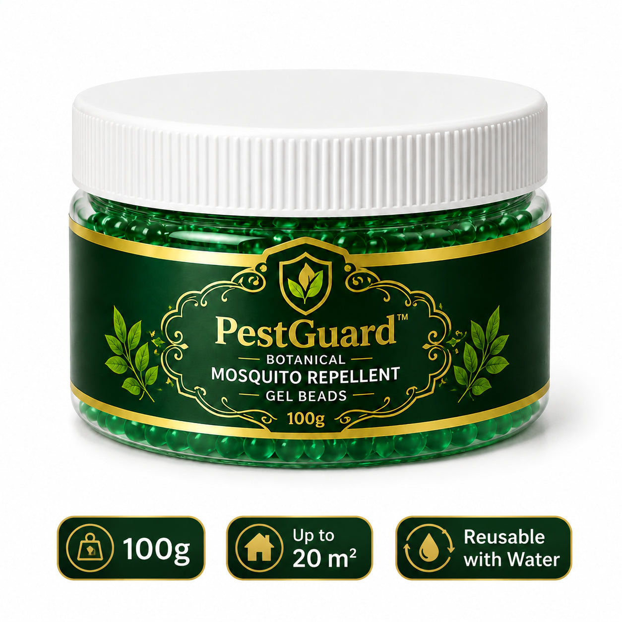 PestGuard Botanical Mosquito Repellent Gel Beads 100g jar with white ribbed cap