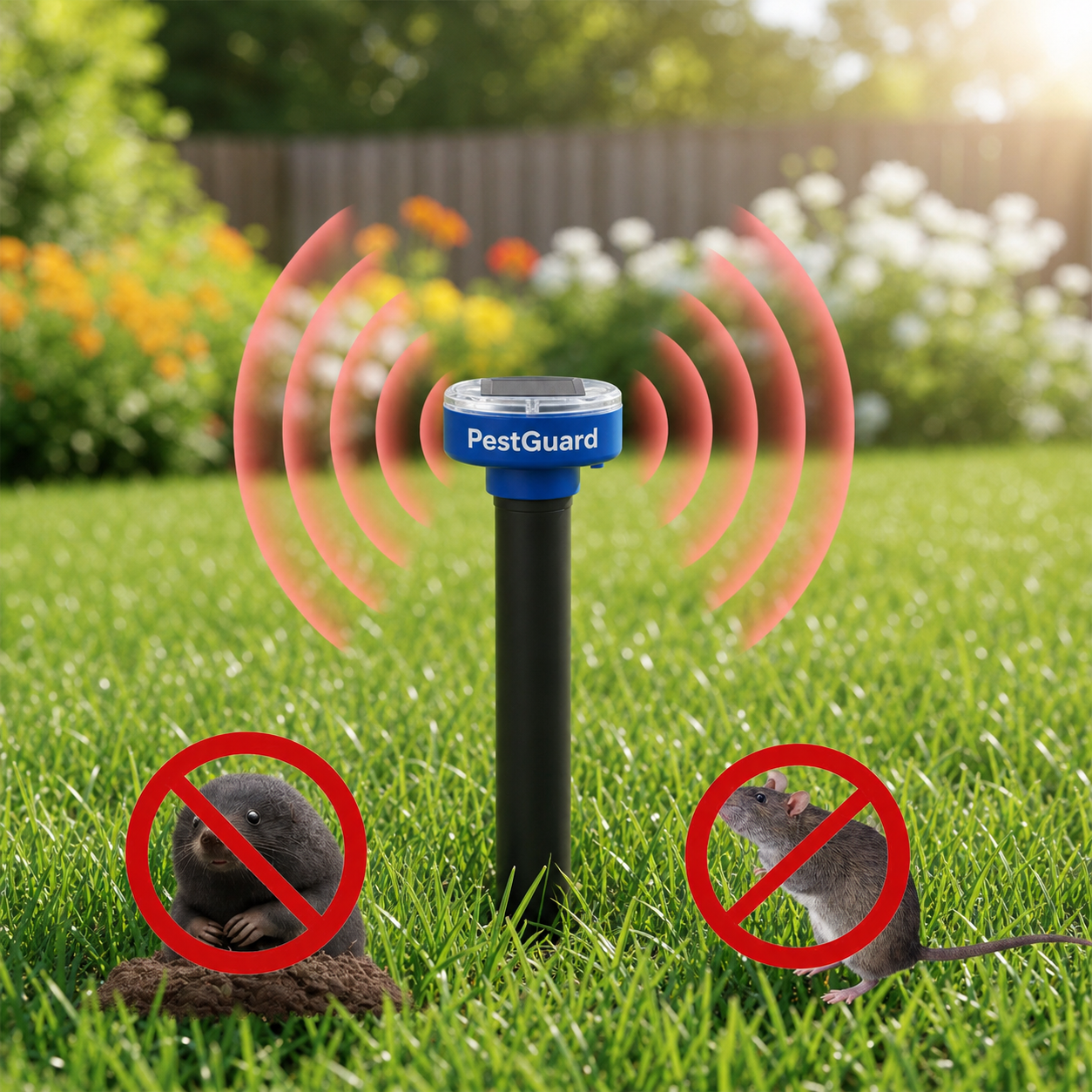 PestGuard solar garden pest repeller placed in a sunny lawn