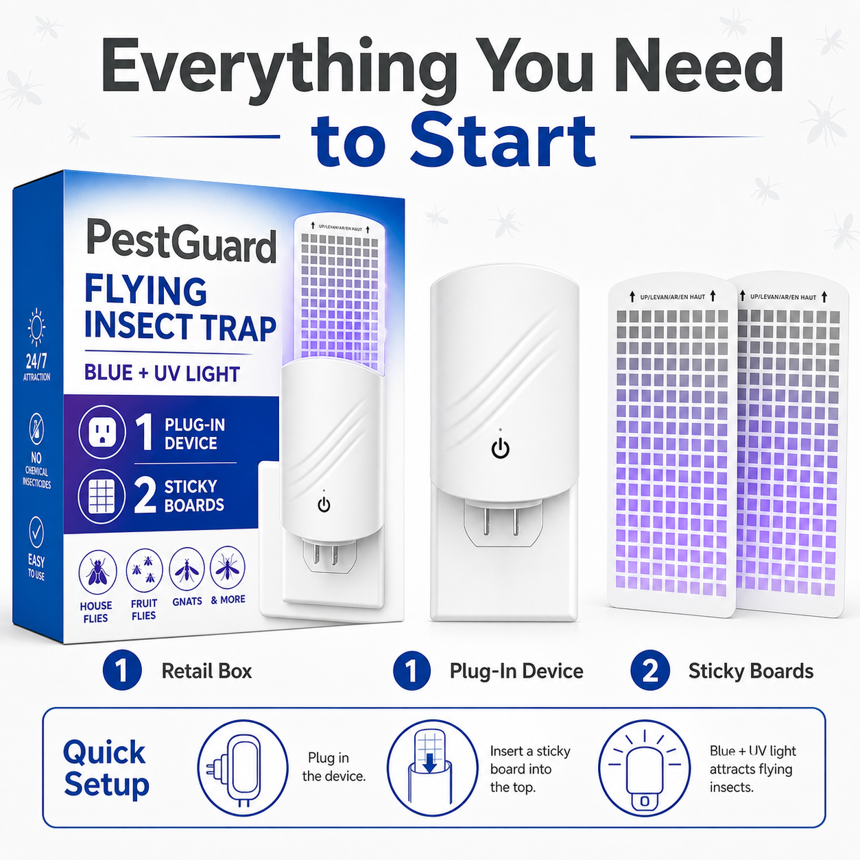 PestGuard flying insect trap box contents with 1 device and 2 sticky boards