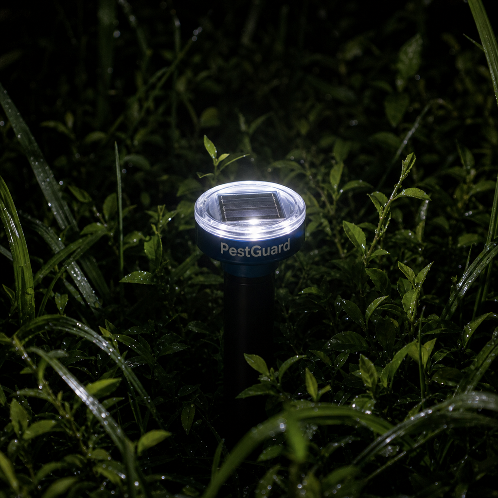 PestGuard solar top detail in night garden grass