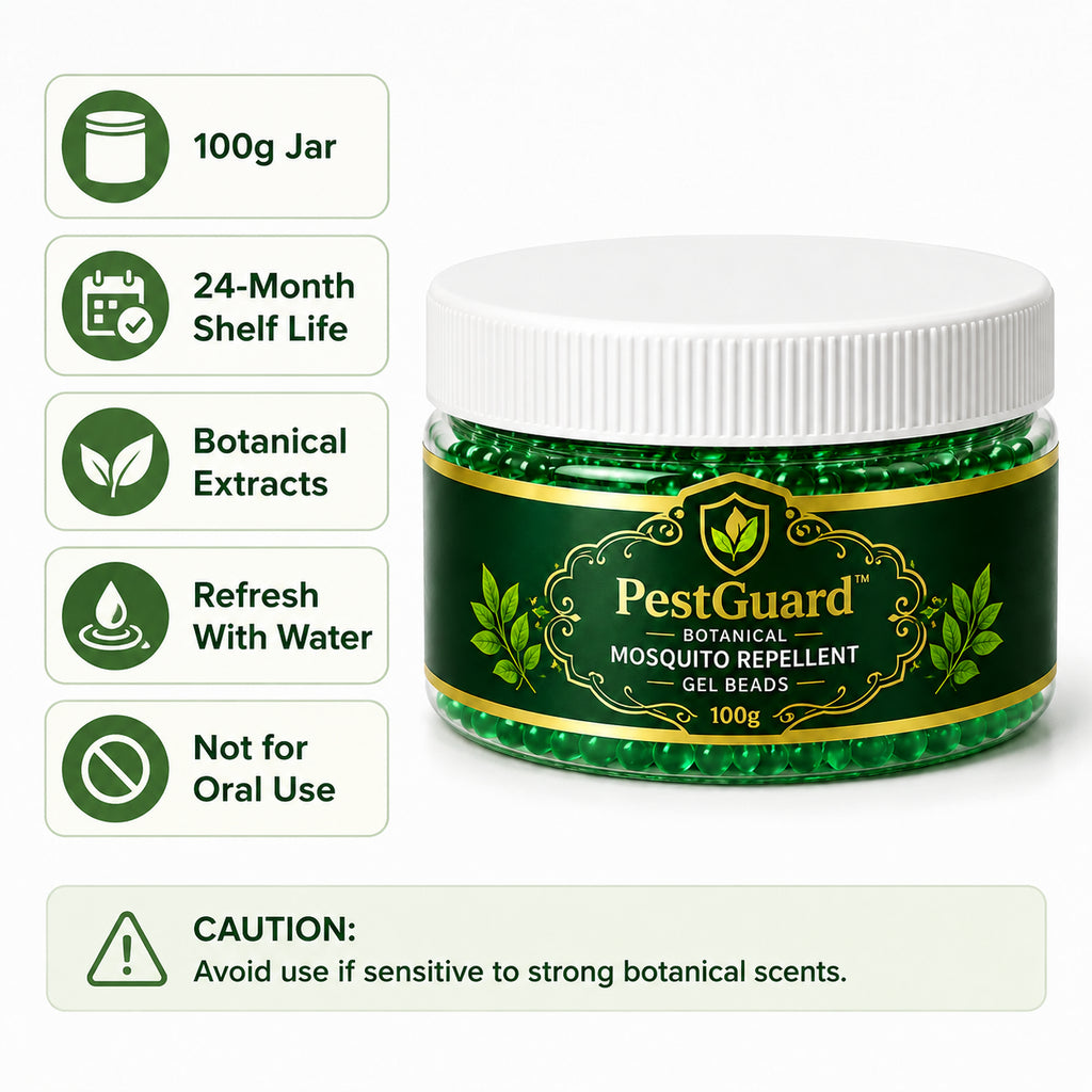 PestGuard mosquito repellent gel beads 100g specs shelf life and safety notes