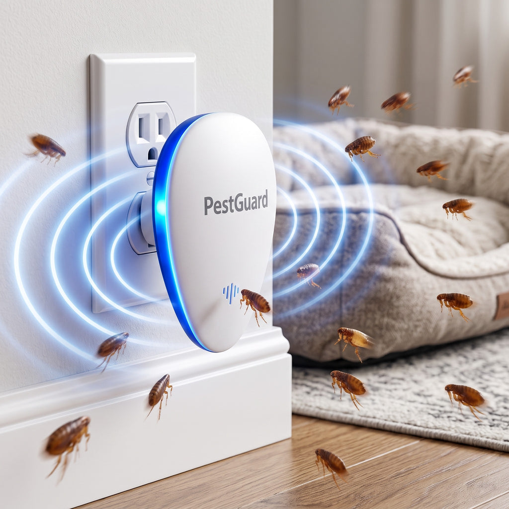 PestGuard plug-in flea repeller next to a pet bed, fleas leaving