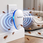 PestGuard plug-in flea repeller next to a pet bed, fleas leaving
