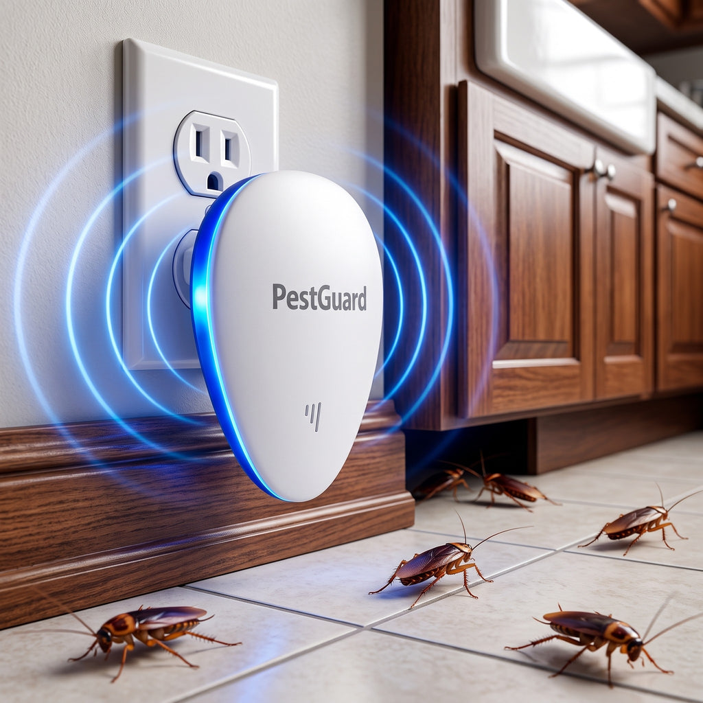 PestGuard plug-in roach repeller in kitchen, cockroaches running away