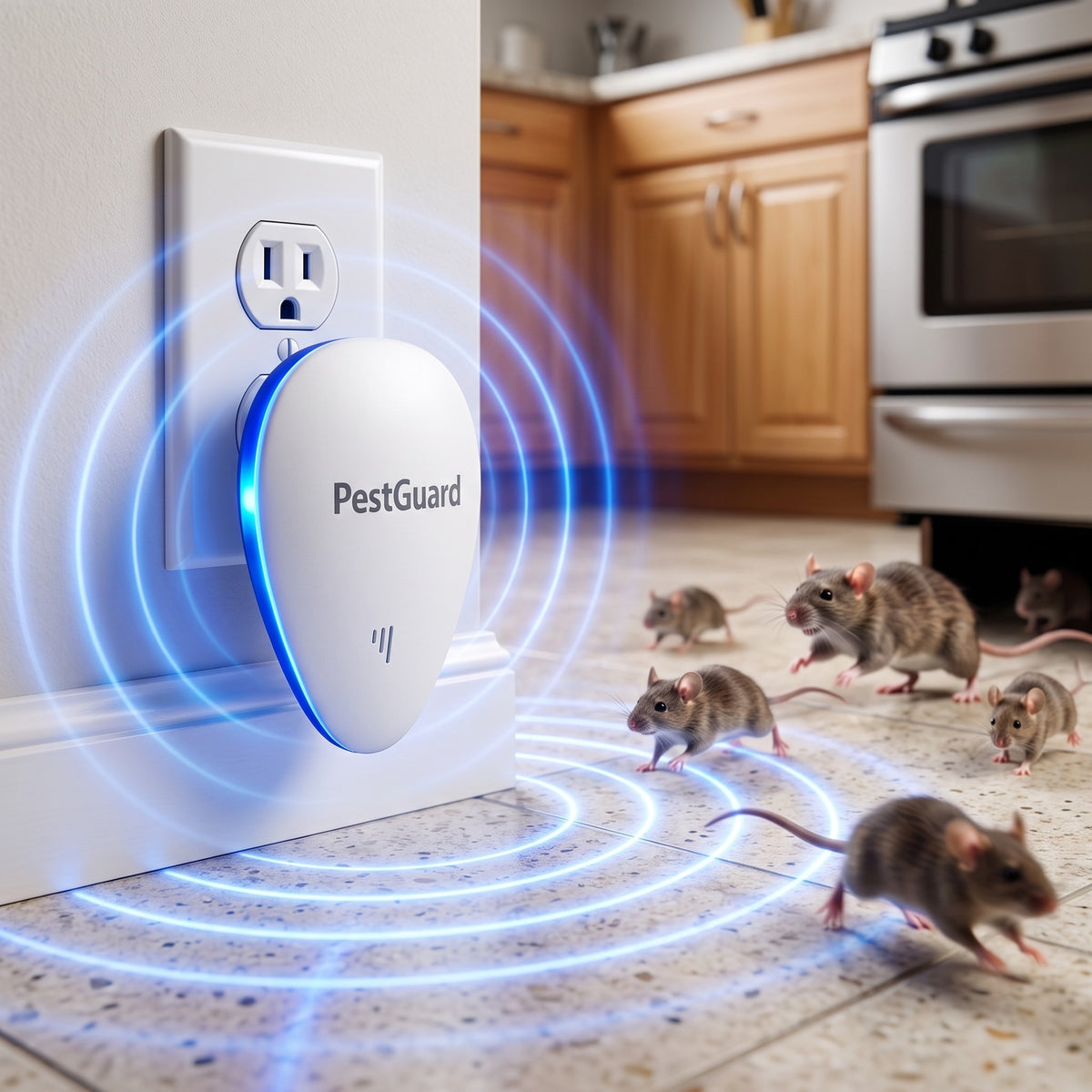 PestGuard plug-in rodent repeller in kitchen, mice running away