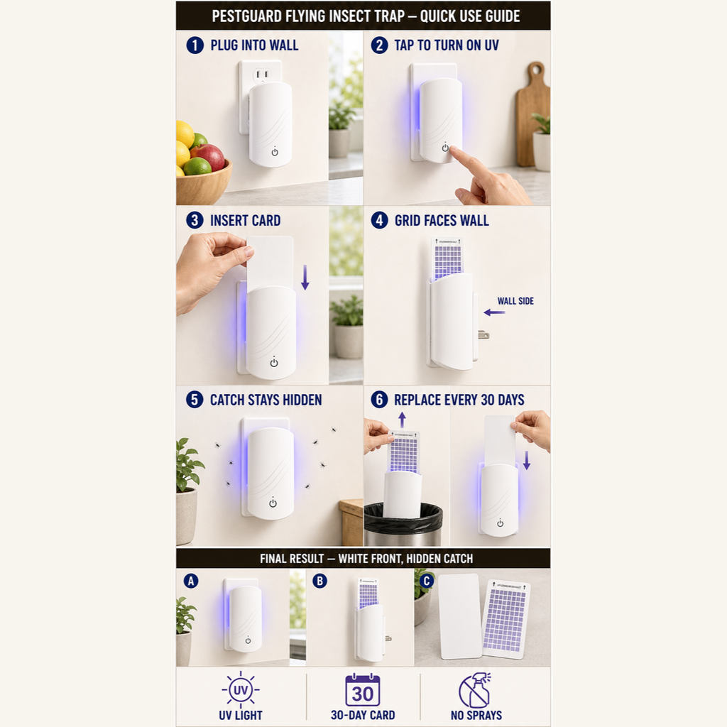 PestGuard flying insect trap quick use guide showing UV light, hidden sticky card, and 30-day refill replacement