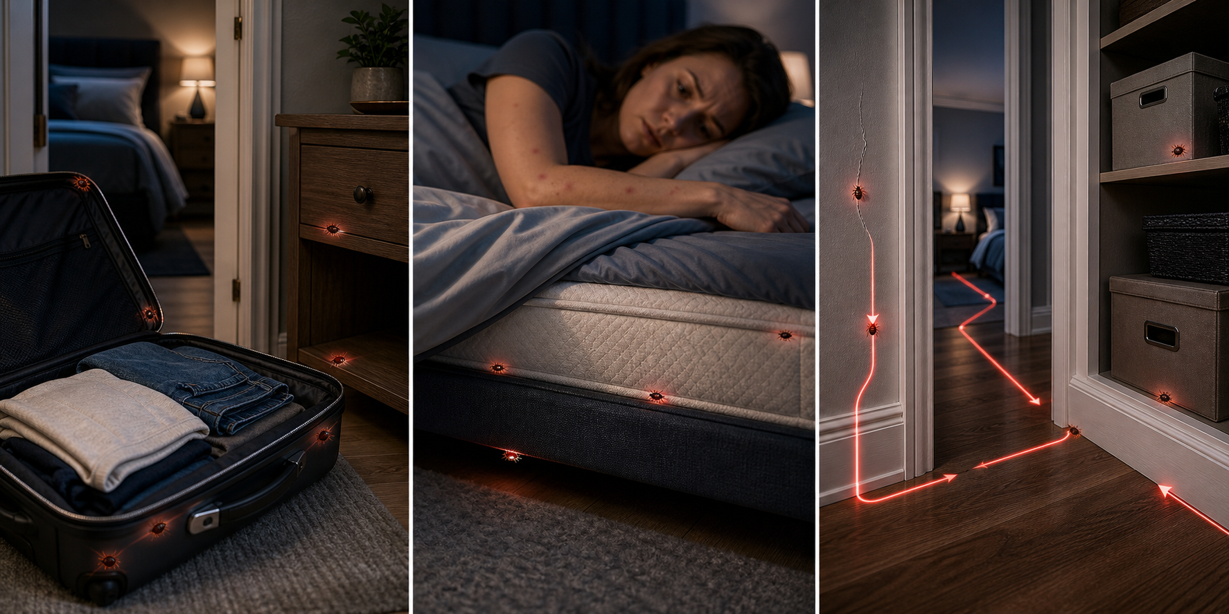 Three-panel visual showing bed bug travel sources, sleep stress, and spread routes
