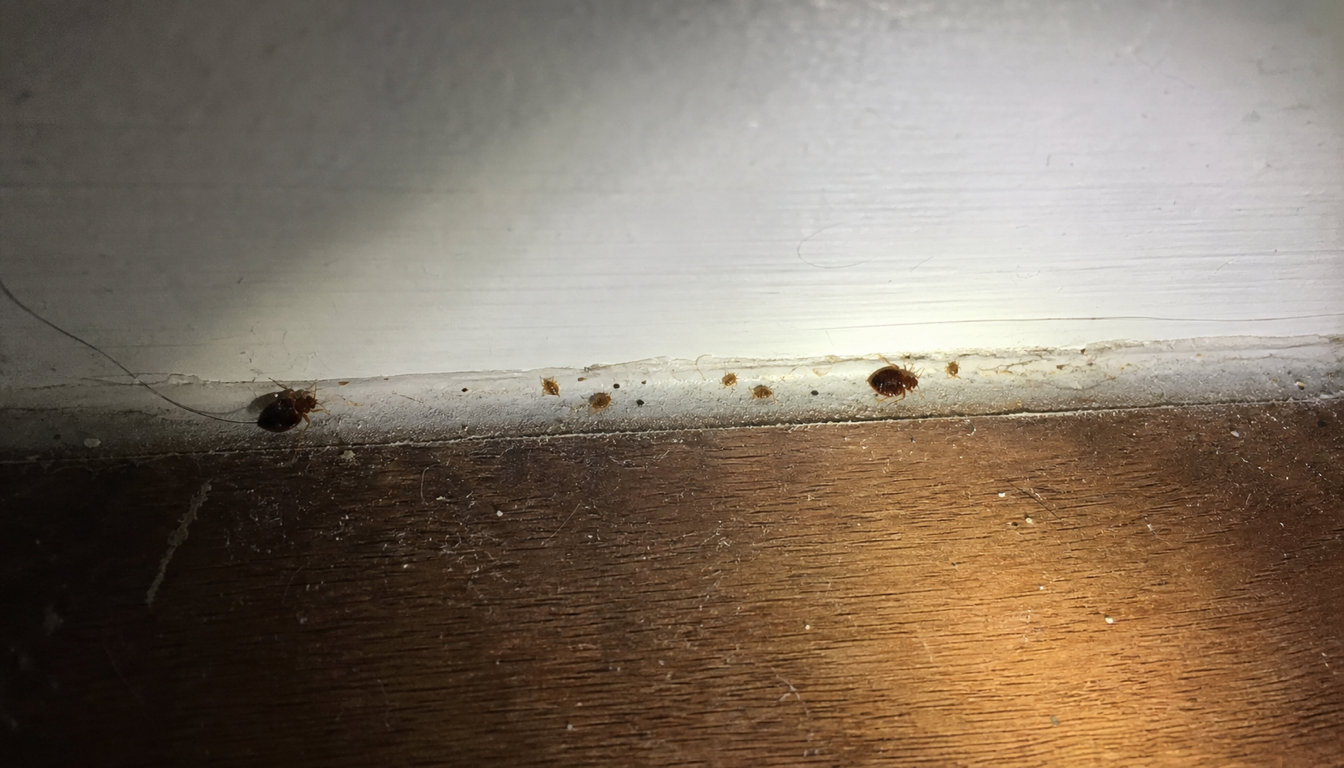 Close-up phone photo of bed bugs near a bedroom baseboard