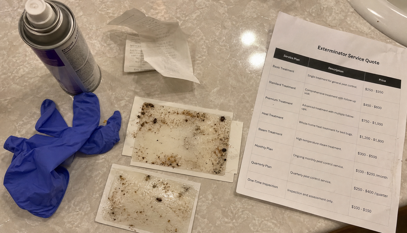 Failed pest control products on counter: chemical spray, sticky traps, expensive receipt, rubber gloves