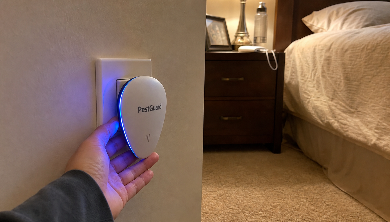 PestGuard device plugged into bedroom outlet with blue LED glowing