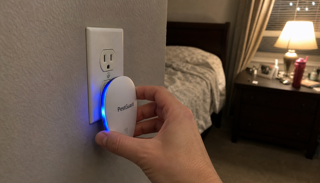 Close-up of hand plugging PestGuard into bedroom outlet, blue LED glowing, warm cozy bedroom background