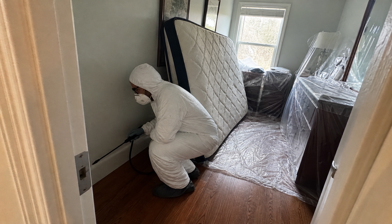 Pest control technician treating a disrupted bedroom