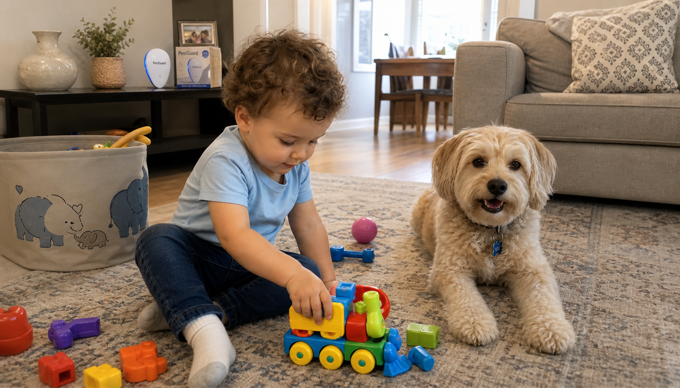 Family living room with toddler, dog, and PestGuard visible on a side table
