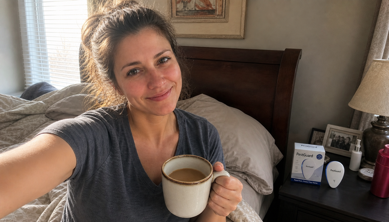 Rested woman smiling in bed with PestGuard visible nearby
