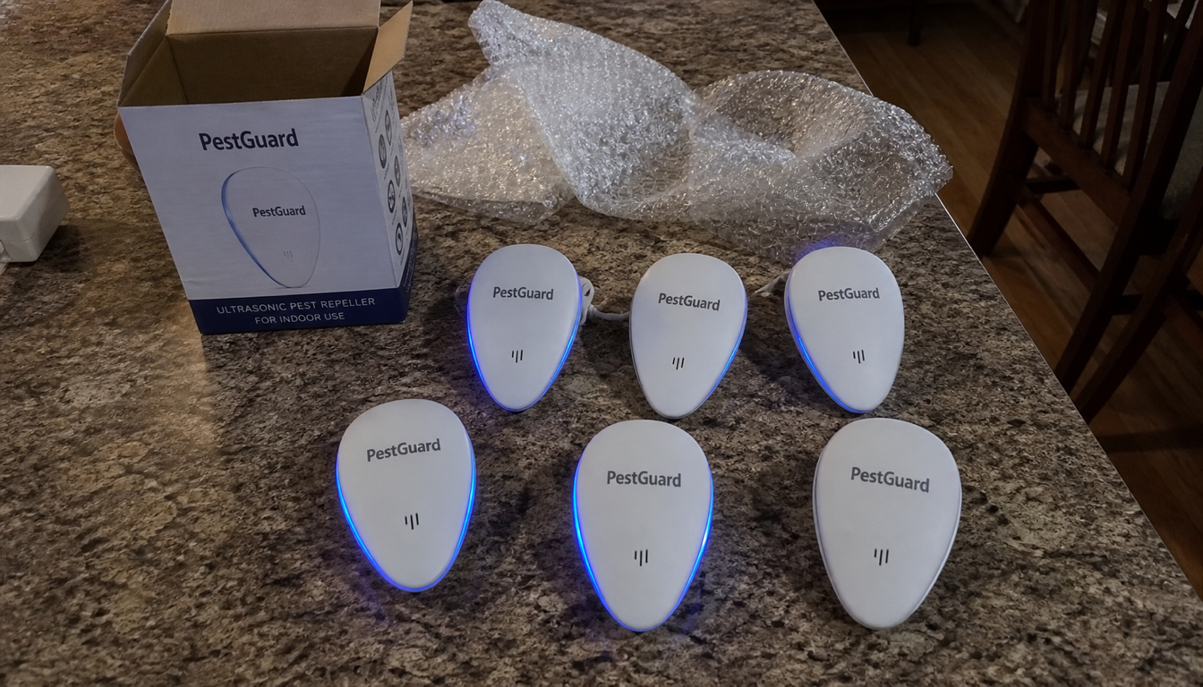 Six PestGuard devices unboxed on a home table