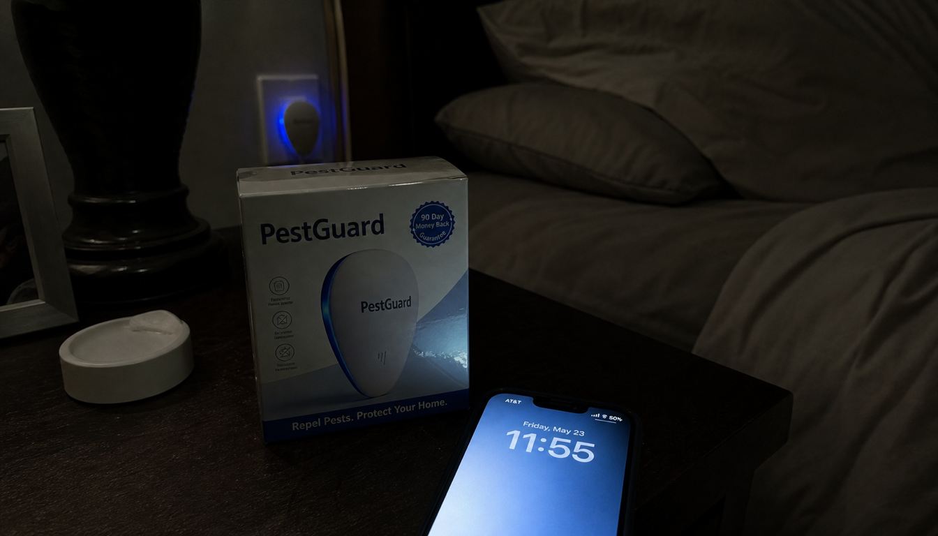 Late night phone photo showing 11:55 PM beside a PestGuard box