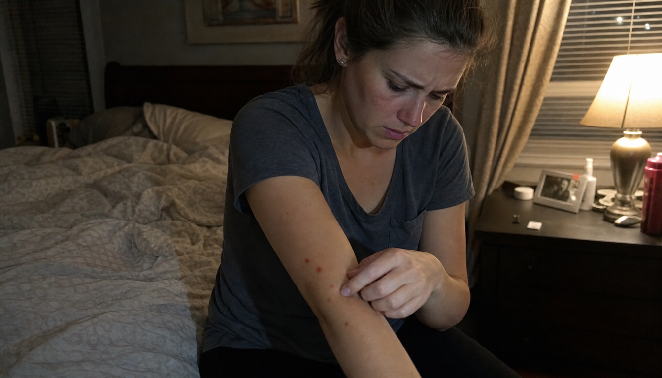Woman sitting on bed edge at night, distressed by bed bug bites on her arm, dark moody bedroom