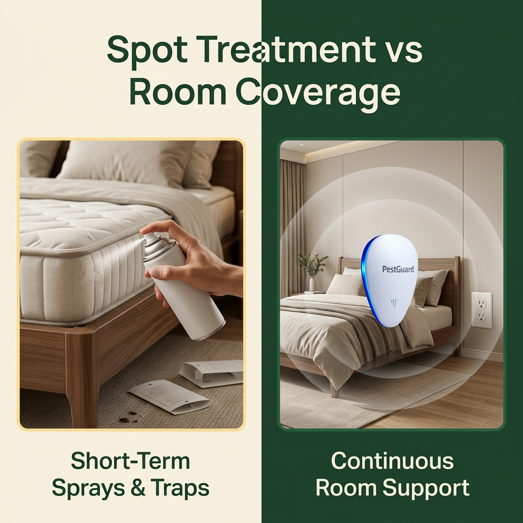 Sprays and traps compared with continuous room coverage