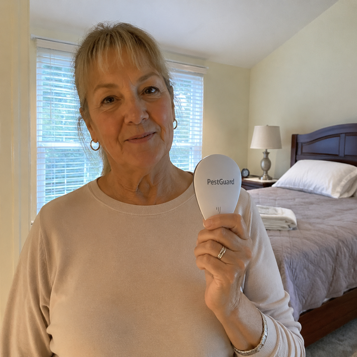 Edith holding PestGuard near the guest room