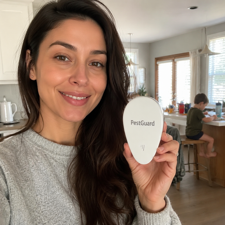 Maria holding PestGuard at home