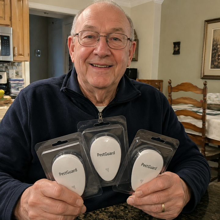 Walter holding multiple PestGuard units at home