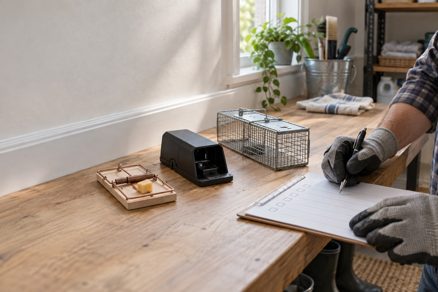 Homeowner comparing snap, enclosed snap and live-catch mouse traps on a workbench