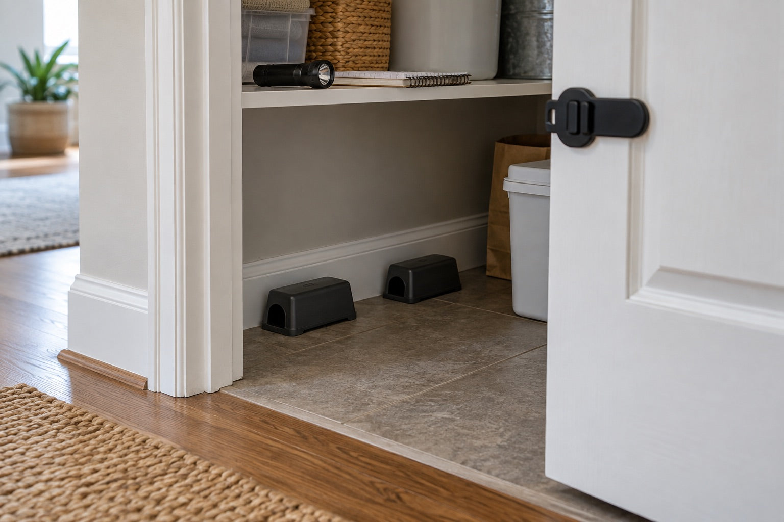 Enclosed mouse traps positioned along a baseboard inside a latched utility closet