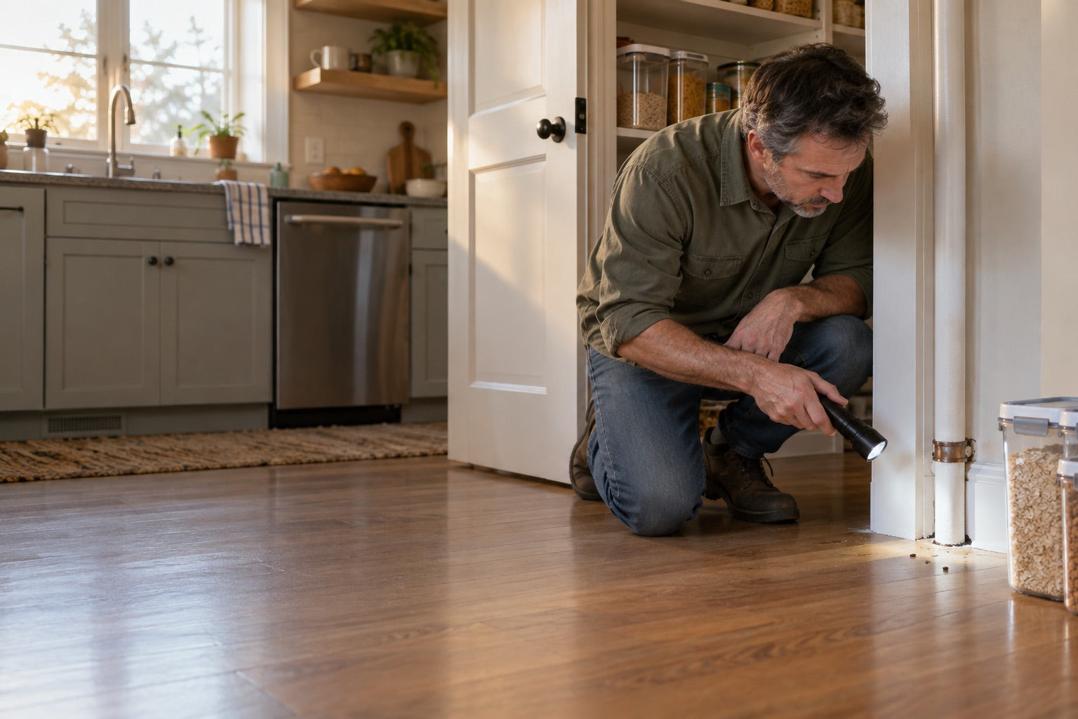 Homeowner inspecting a small gap near a pantry while checking for mouse activity