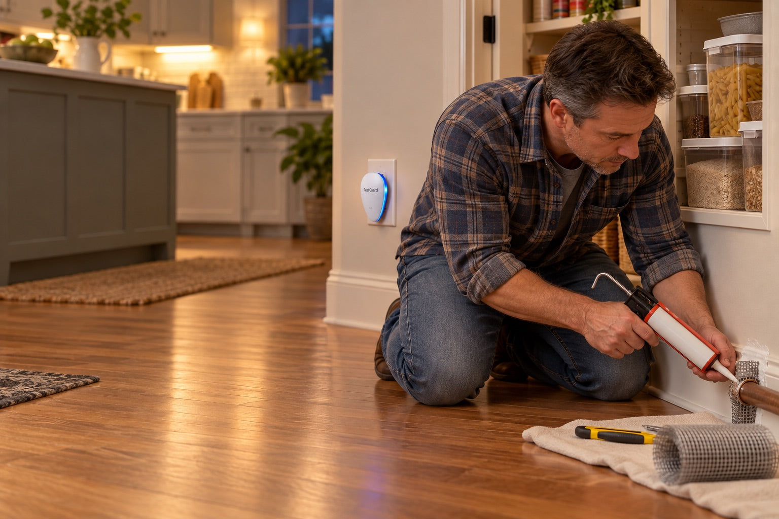 Homeowner sealing a pantry pipe gap while a PestGuard device remains plugged into an open outlet
