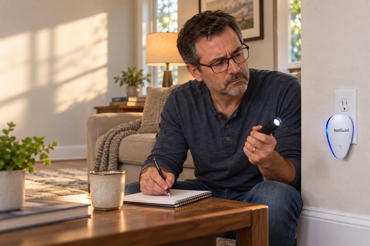 Homeowner taking notes while evaluating a PestGuard ultrasonic pest repeller in one room