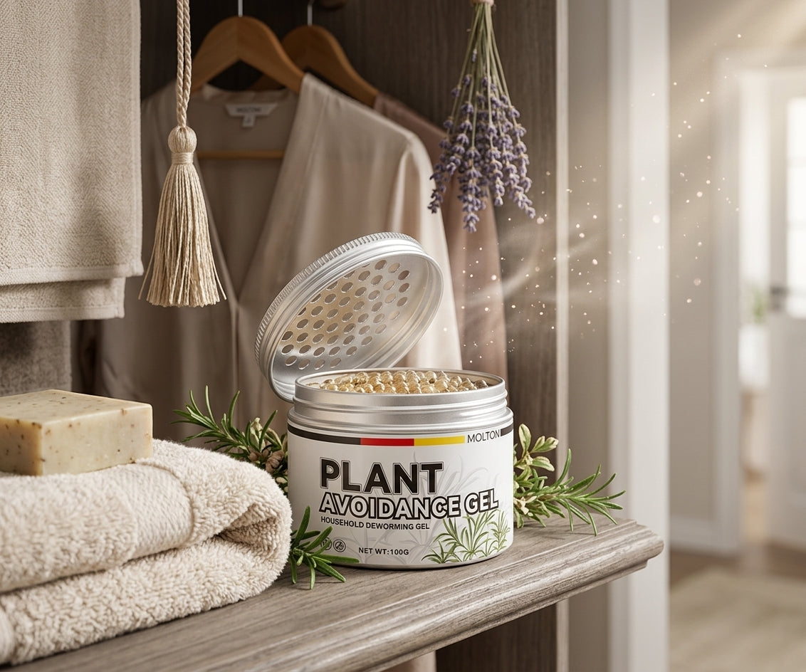 Botanical bead jar shown as a passive room-support product in a small space